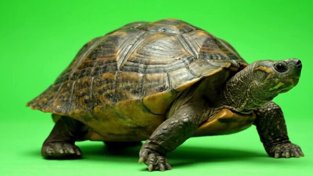 A common turtle captured in a studio setting with a vibrant green background symbolizing longevity wisdom and resilience in nature