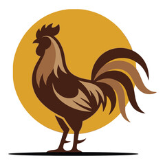 Brown rooster standing in front of a large yellow circle icon © Sieam