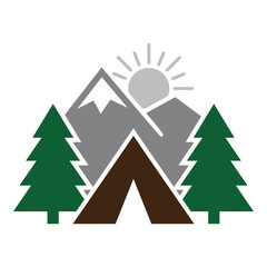 Fototapeta premium Camping in mountains with trees and sunny weather outdoor scene icon