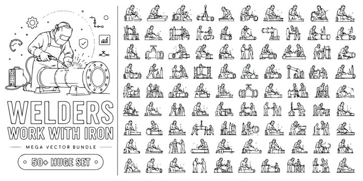 Industrial welder line icons mega vector bundle, professional metalworking and iron fabrication set, 80 plus welding worker outline symbols