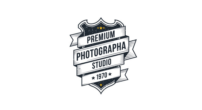 Retro style premium photography studio logo design featuring a dark shield ribbons and stars with grainy texture on white background.