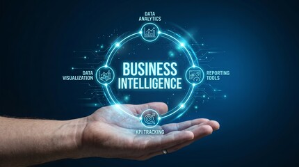 Obraz premium Business intelligence concept with hand holding glowing blue circle and data analytics icons on dark background