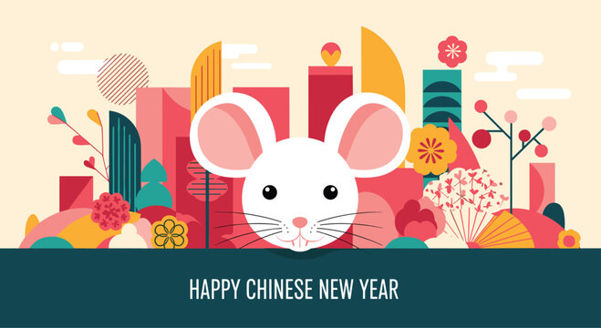 Adorable white mouse face for chinese new year greeting with a colorful abstract city skyline and floral patterns in the background.