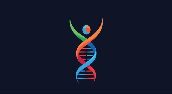 Creative DNA helix logo forming the silhouette of a human being with arms raised towards the sky on a dark blue background.