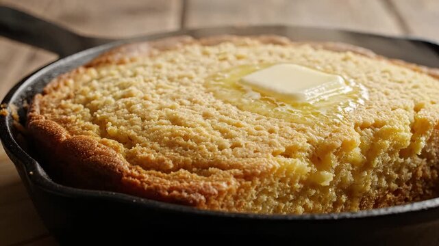 Delicious Golden Cornbread Baking in a Cast Iron Skillet with Butter Melting.