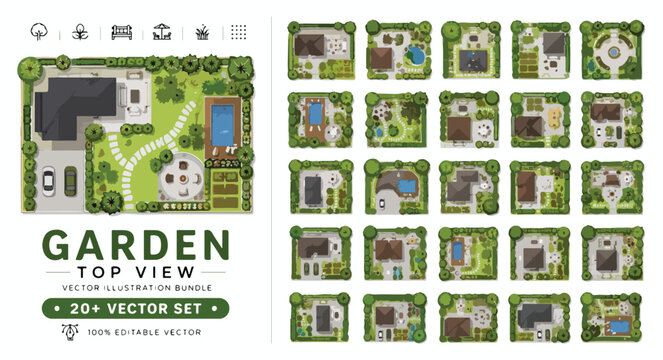 Garden top view vector illustration bundle, 20+ landscape design set with houses and pools, aerial backyard site plan collection for real estate