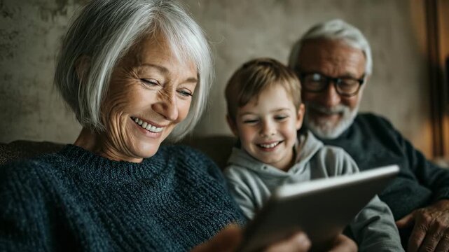 Grandparents and grandson enjoy a story together using a tablet. Loving moments with family, intergenerational connection, cozy home setting, modern technology. Reading a fairy tale.