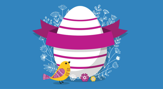 Decorative Easter egg with purple stripes and a ribbon banner accompanied by a cute yellow bird and floral elements.