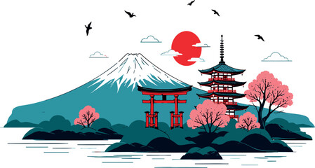 Iconic Japanese Landscape Vector Illustration featuring Mount Fuji, Red Pagoda, Torii Gate, and Blooming Cherry Blossoms under a Rising Sun for Travel and Cultural Tourism Backgrounds © Sadek