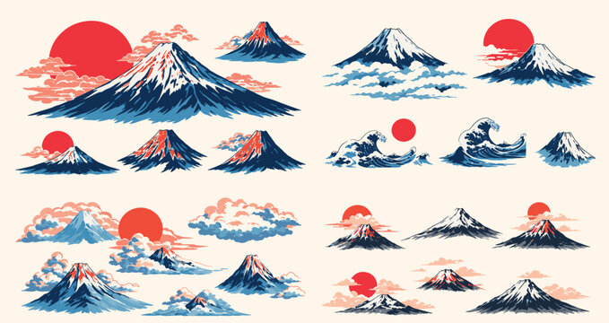 Japanese Mount Fuji Vector Illustration Set featuring Snow Capped Volcano Peak, Red Rising Sun, Great Wave and Aesthetic Clouds in Vintage Ukiyo-e Style for Oriental Asian Art Projects.