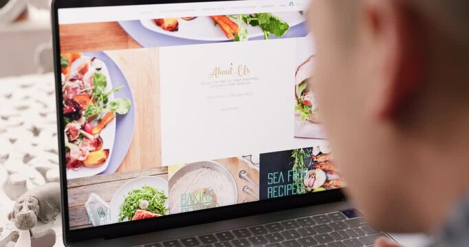 Restaurant, web design and computer food website of a man scroll through about us website work. IT, ux and webdesign worker with technology to check digital marketing and ui internet screen display