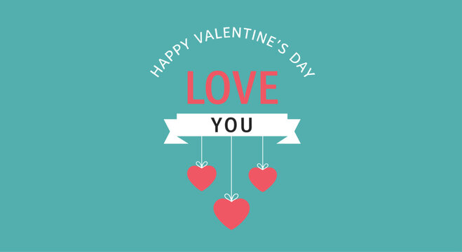 Vibrant Valentine's Day greeting card with three hanging pink hearts and the message Happy Valentine's Day Love You.