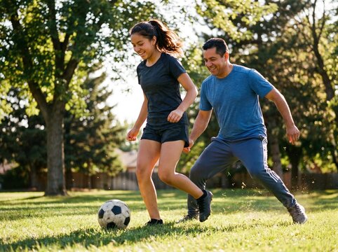 Hispanic Father and Teenage Daughter Playing Soccer in Park - Active Family Lifestyle