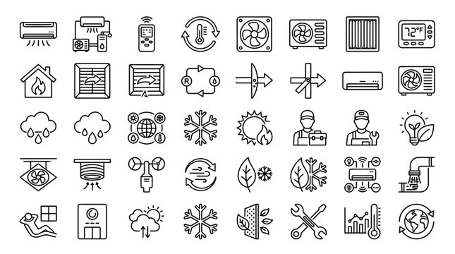 HVAC air conditioning line icons set