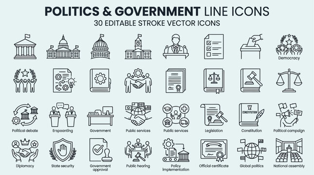 Politics and government line icons set, vector graphics