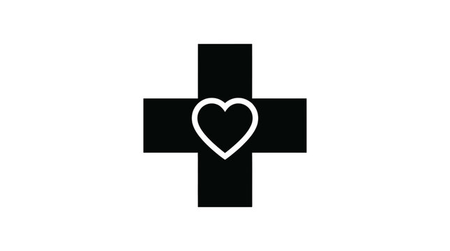 Medical cross symbol combined with a central heart outline signifies compassionate healthcare, wellness support, and community health initiatives in a clean and modern minimalist graphic format.