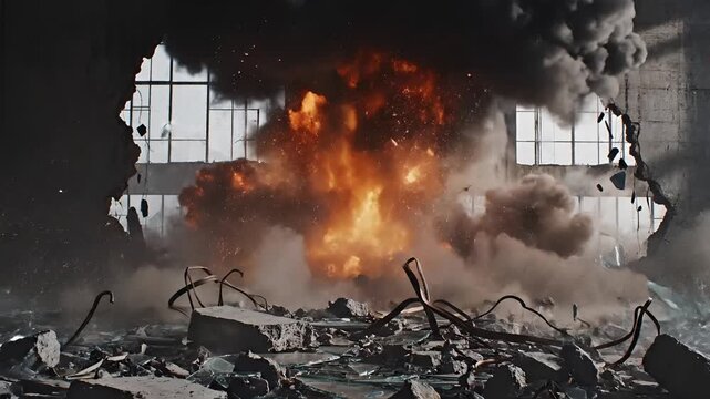 Explosion and destruction in an industrial building with debris flying.