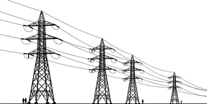 High Voltage Power Transmission Towers Silhouette with Electrical Grid Infrastructure and Overhead Power Lines