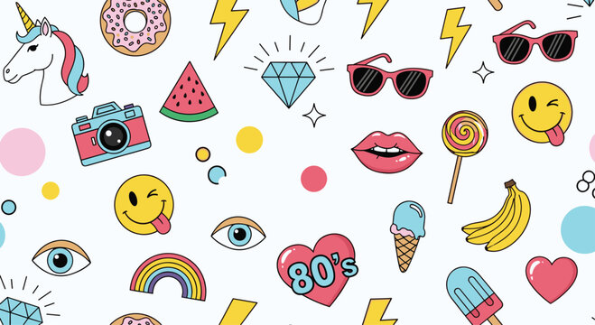 Seamless pattern of colorful pop culture stickers from the 80s including rainbows, unicorns, cameras, and treats.