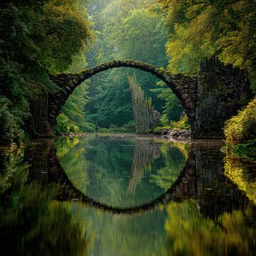 Rakotzbr&uuml;cke (Devil's Bridge) reflection creating a perfect circle in a sunlit green forest.