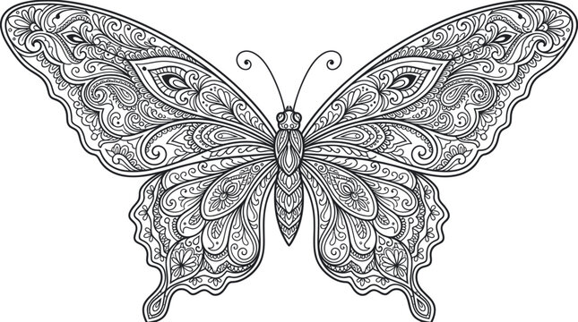 Detailed ornamental butterfly with zentangle wings line art.