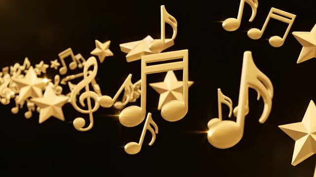 Golden musical notes and stars floating in darkness with sparkling light.