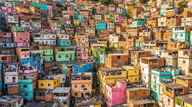 Colorful houses crowded together on a hillside in a favela