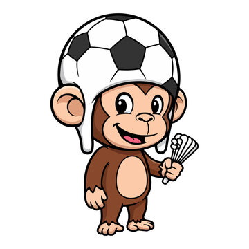 Cartoon monkey holding a soccer ball and trophy isolated on transparent background
