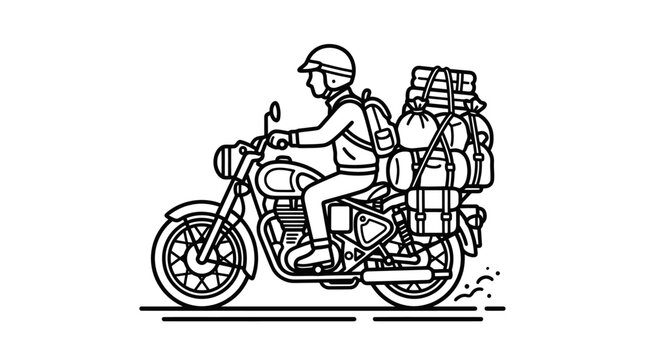 Illustration of a motorcyclist traveling with heavy luggage bags.