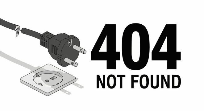 404 Error page design concept with disconnected electrical plug and socket, creative web page not found illustration.