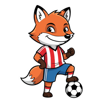 Cartoon fox mascot kicking soccer ball isolated on transparent background