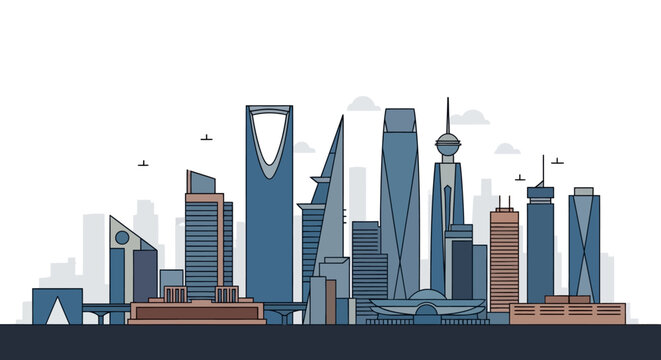 Modern City Skyline with Tall Skyscrapers, Business District Illustration