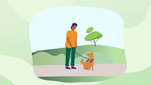 Young Man Walking His Cute Dog on Leash on Path in Green Public Nature Park Pet Care Concept 2D Animation