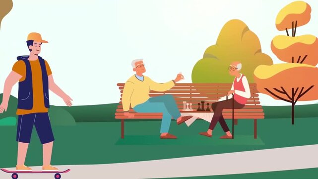 Young Skateboarder Riding Past Elderly Couple Sitting on Bench in Public Park Autumn Lifestyle 2D Animation