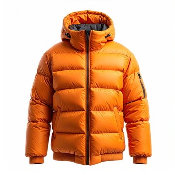 Bright orange puffy winter jacket with hood