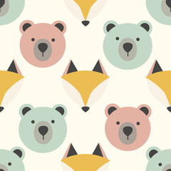 Fototapeta premium Cute seamless pattern with stylized bear and fox faces in pastel colors, perfect for children's decor and fabrics.