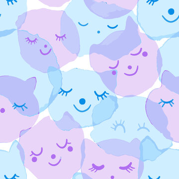 Seamless watercolor pattern with cute pastel blue and purple dreaming faces. Gentle, playful, and whimsical design for children's textiles or nursery decor.