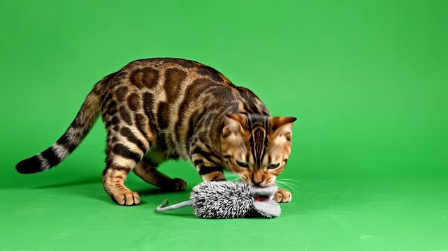 Playful Bengal Cat Interacts with Toy Mouse on Green Screen.