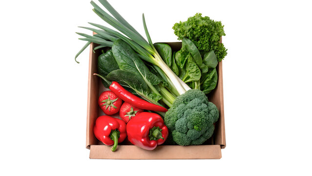 Wooden rustic crate full of assorted organic green vegetables on transparent background