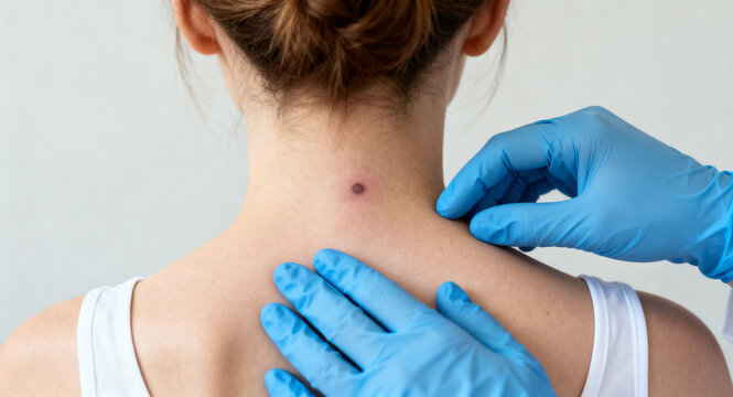 Dermatologist carefully examines a dark mole on a patient's neck during a thorough skin check, emphasizing early detection for optimal dermatological health