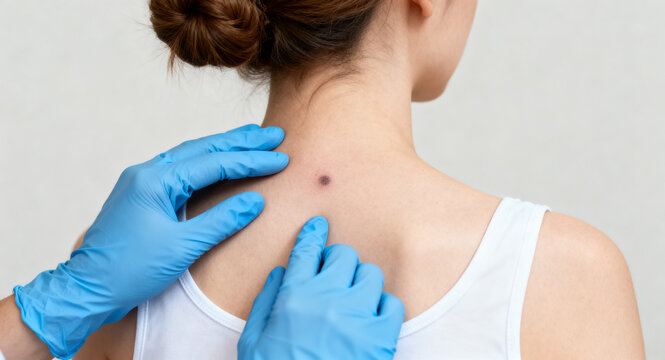 Close-up of a medical professional's gloved hands examining a mole on a person's upper back, emphasizing skin health and dermatological care