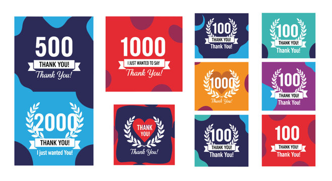 Colorful social media milestone cards for various follower counts such as one hundred and two thousand thank you notes.