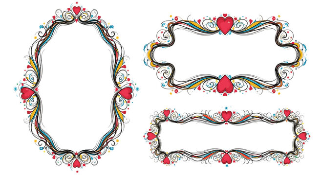 Three elegant decorative frames with ornate scrolls hearts and vibrant colors for romantic and vintage greeting cards.
