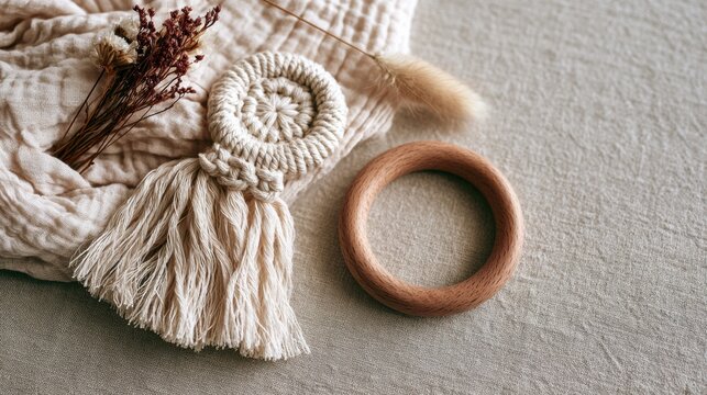 Flat lay shows boho baby items arranged nicely with a macrame rattle, wooden ring, soft cotton swaddle cloth, and dried flowers on linen.