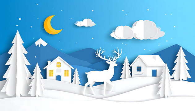 paper cut winter landscape with deer, village, and snow-covered trees at night, crescent moon, and stars