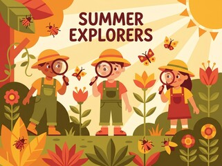 Fototapeta premium Cute Children Exploring Nature with Magnifying Glasses in Summer