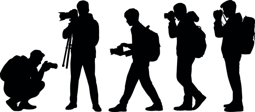 Photographer silhouette collection featuring professional cameramen with tripods backpacks and cameras for outdoor adventure and media production vector illustration
