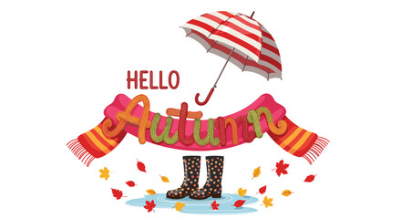 Obraz premium Hello Autumn composition with a red umbrella warm scarf polka dot boots and falling maple leaves in puddles.