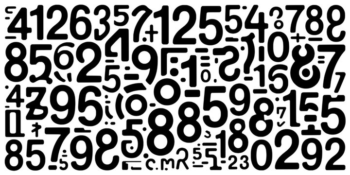 Numbers and symbols set with various fonts and styles for design projects featuring typography, digits, characters with math and equations elements