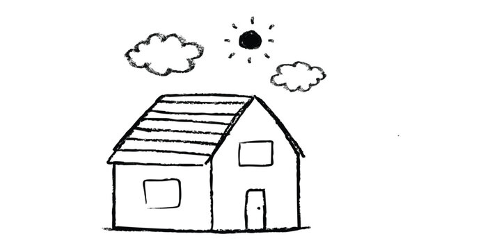 Simple hand drawn sketch of a small house with sun and clouds